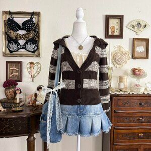 cozy twee girly grunge brown striped hooded cropped cardigan